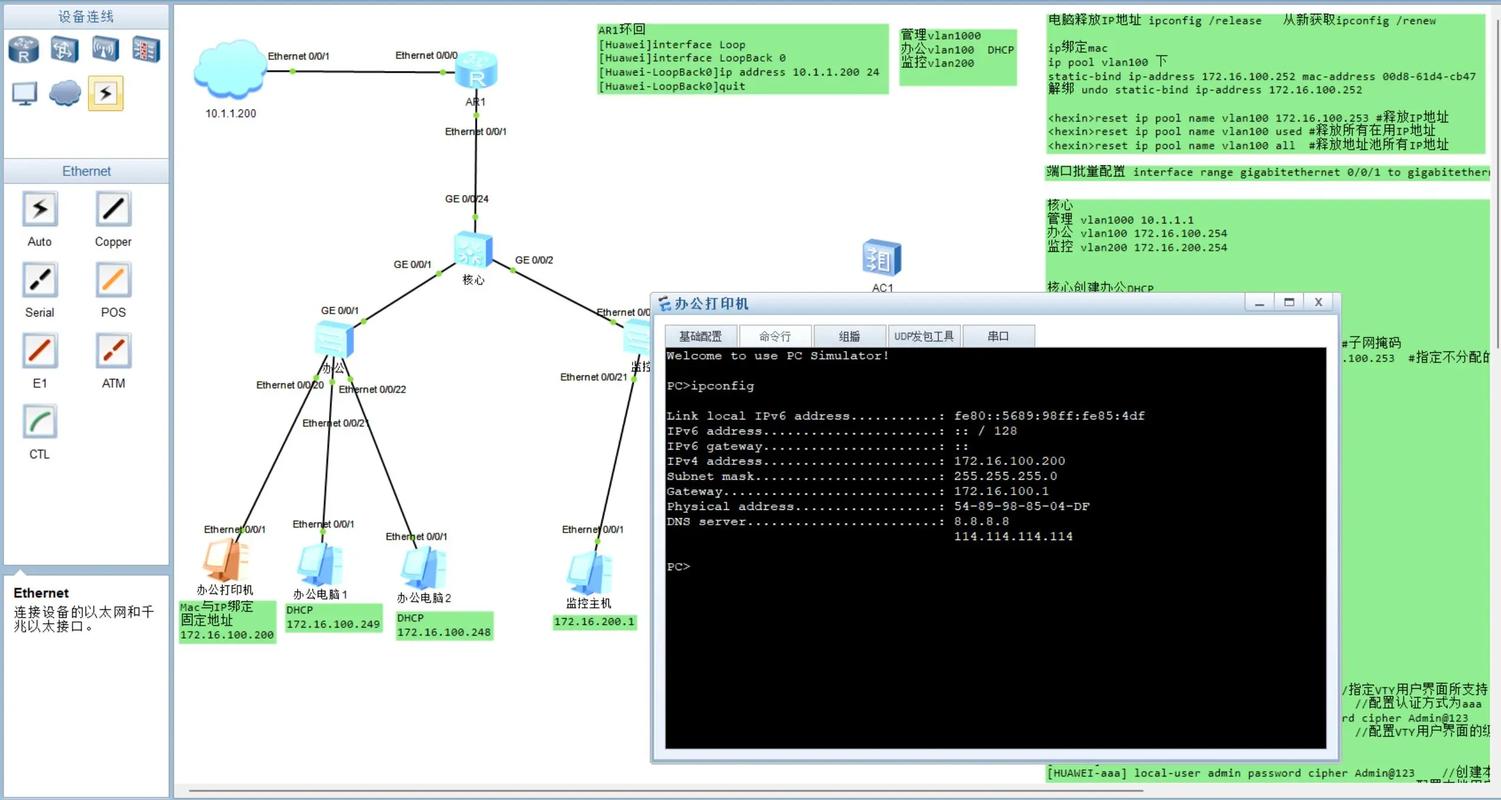 华为ensp直连路由实验中，如何配置不同端口IP地址实现网络互通？