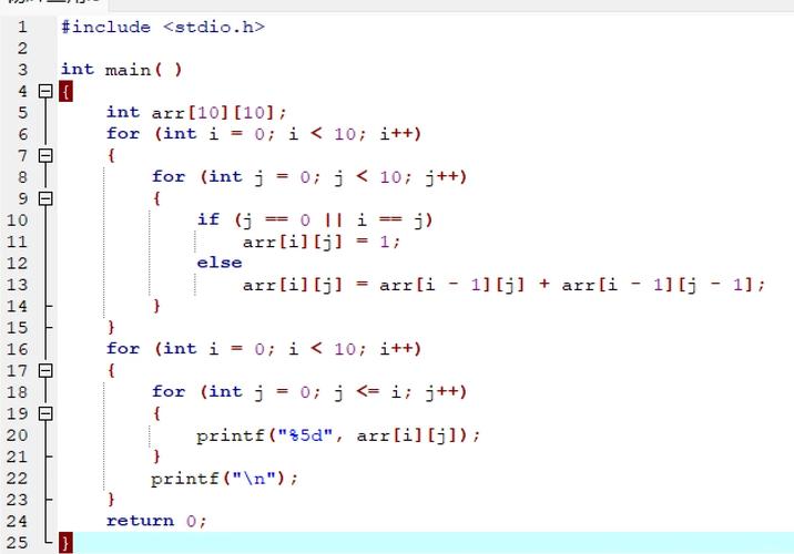 如何用C语言编程实现打印10行杨辉三角形的算法？