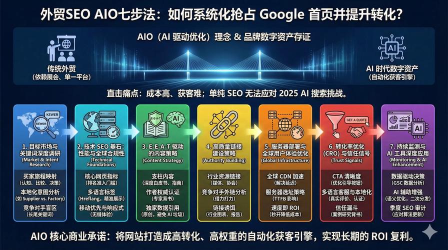 如何通过外贸SEO AIO七步法系统化提升Google首页排名和转化率？