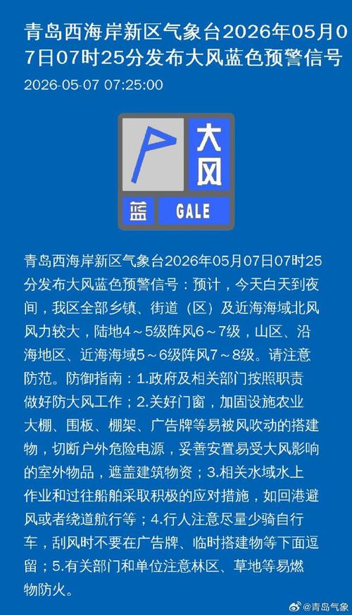 青岛陆地阵风6-7级大风预警何时升级，预计何时减弱？